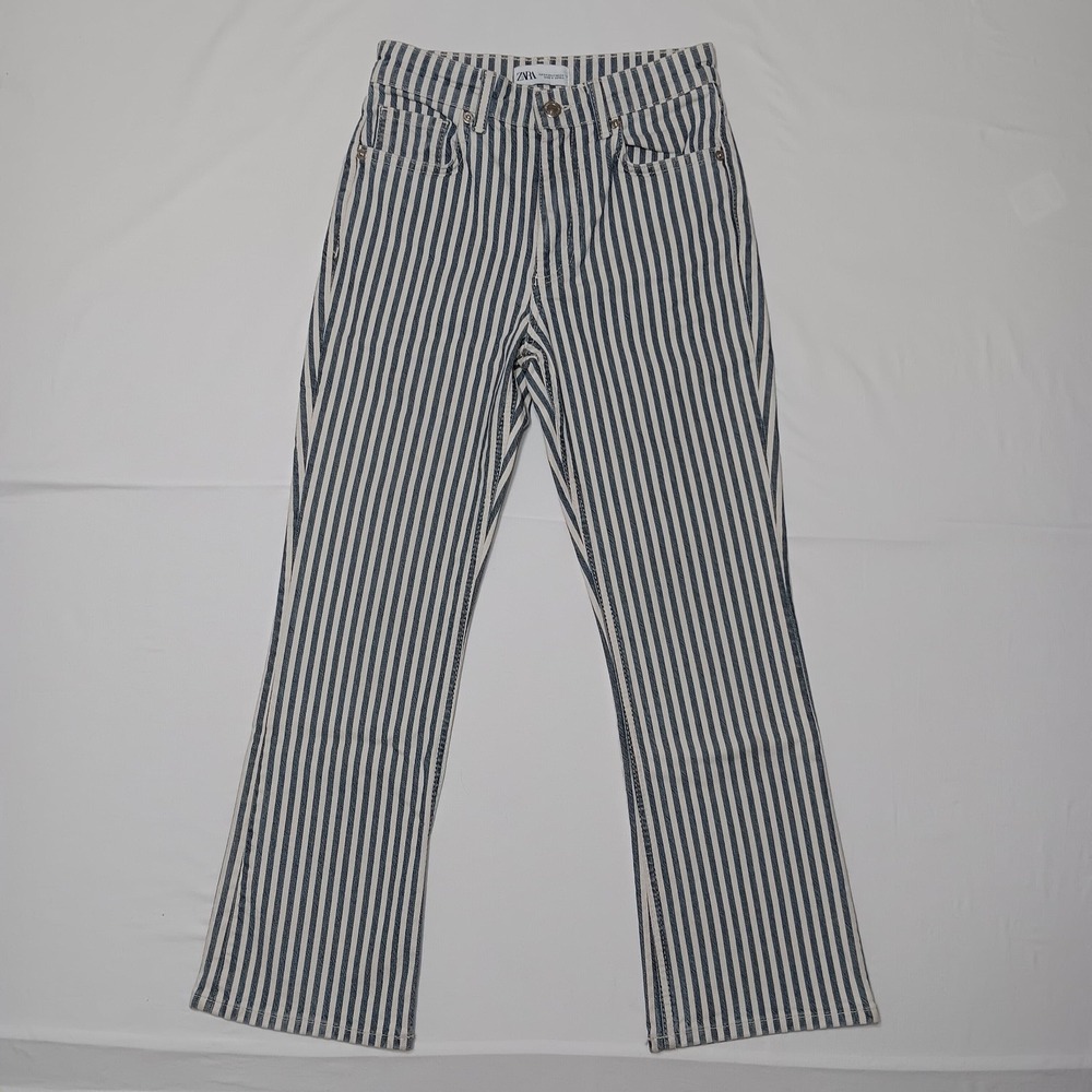 Zara Womens‎ High Rise Flare White Navy Striped Jeans Size 2 Inseam 25"